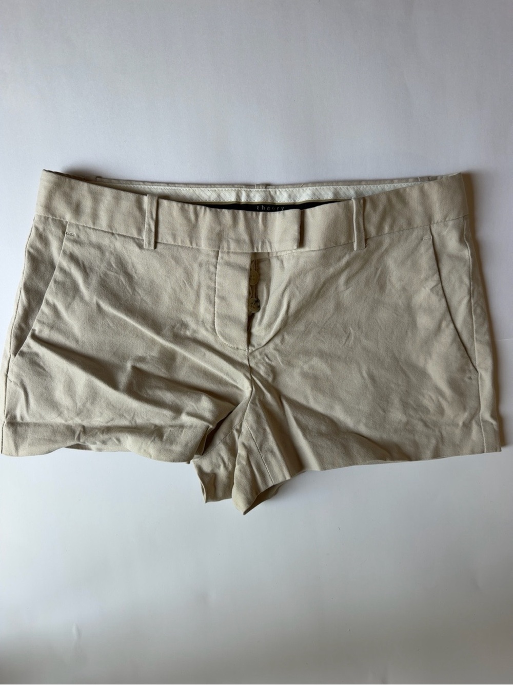 Theory Women’s Beige Cotton Blend Chino Shorts Size 8 Flat Front